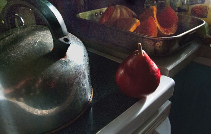 Red pear, teapot, and squash